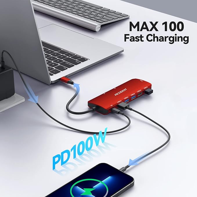Acodot 9-in-1 USB C Hub Multiport Adapter - 4K@60HZ HDMI, 3 USB 3.0 Ports, SD/TF Card Reader, 100W PD for MacBook Pro Air HP XPS - Red