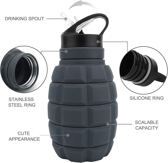 QiCheng&LYS 19.5oz Collapsible Travel Water Bottle, Reuseable BPA Free Silicone Foldable Water Bottles for Travel Gym Camping Hiking, Portable Leak Proof Sports Water Bottle with Carabiner(Gray)