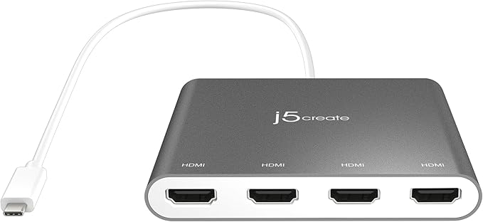 j5create USB-C to 4 Port HDMI Adapter Hub- Multi Monitor Splitter - Support 4 1080p 60Hz Displays - Compatible with Type-C MacBook and Windows Laptop (JCA366)