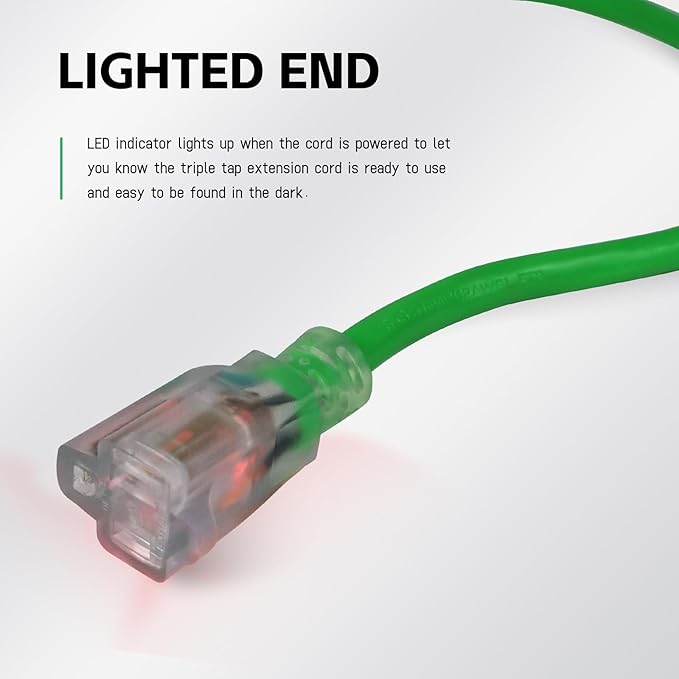 EP 50Ft Outdoor Extension Cord, 12/3 SJTW Heavy Duty Waterproof Power Cable, 3 Prong Grounded Plug, Lighted End, for Lawn, Garden, Appliances, Green