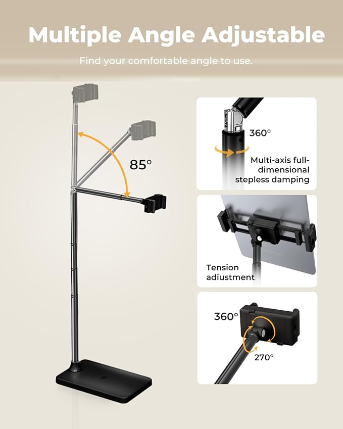 Extended Tablet Floor Stand, 360 Rotating Adjustable iPad Floor Holder with Long Flexible Arm, Compatible with 4-13" Devices, Stand for Bedside, Sofaside, Table, Desk (Black)