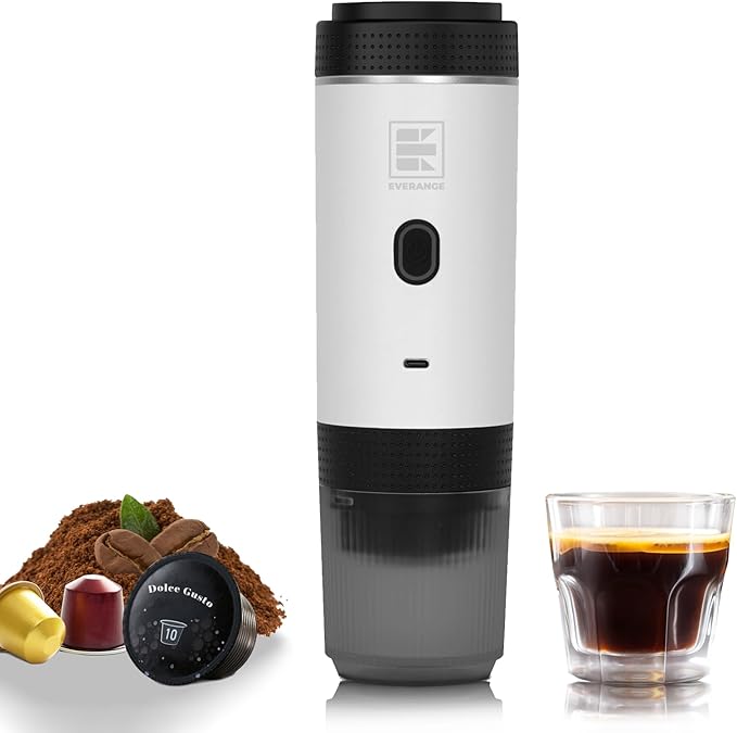 Portable Electric Espresso Machine, Car Coffee Maker for Travel Camping, Battery Powered Coffee Brewer Compatible with Ground Coffee & NS Capsules, White