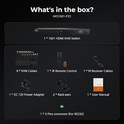 TESmart 16X1 HDMI KVM Switch USB 3.0, 4K@60Hz Rackmount KVM 16 Port Enterprise-Grade EDID Emulator | Hotkey Switch | RS232 | LAN Port | IR Remote | IP Control | Auto Scan | with 8 Pcs 5ft KVM Cable