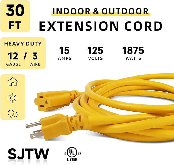 EP 30 Ft Outdoor Extension Cord, 12/3 SJTW Heavy Duty Extension Cable with 3 Prong Grounded Plug, 15 AMP Power Cord for Lawn, Garden, Appliances, Yellow