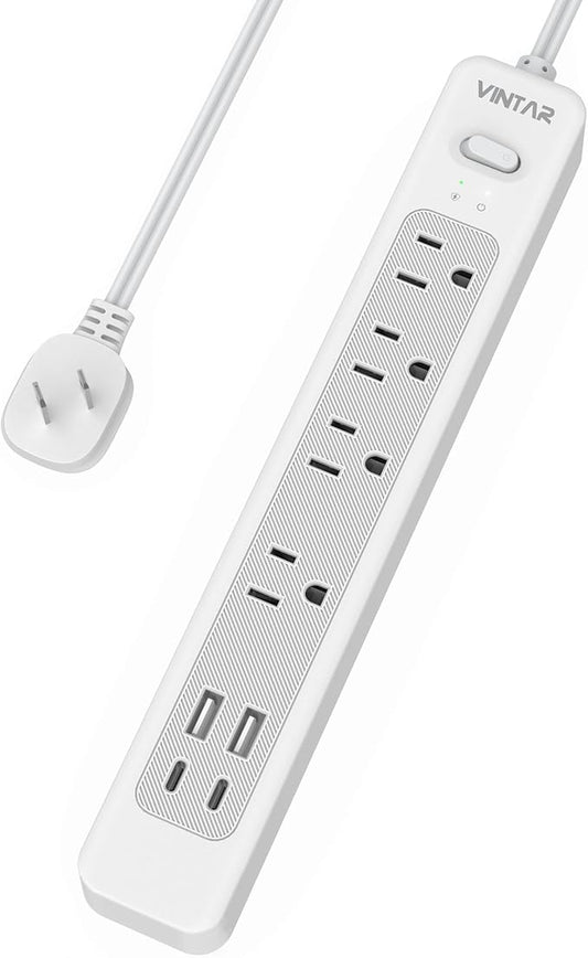 VINTAR 2 Prong Power Strip, 2 Prong to 3 Prong Outlet Adapter, 6ft Extension Cord with 4 Outlets & 4 USB(2 USB-C), 1440J Flat Plug Two Prong Surge Protector, Wall Mountable Ideal for Old House