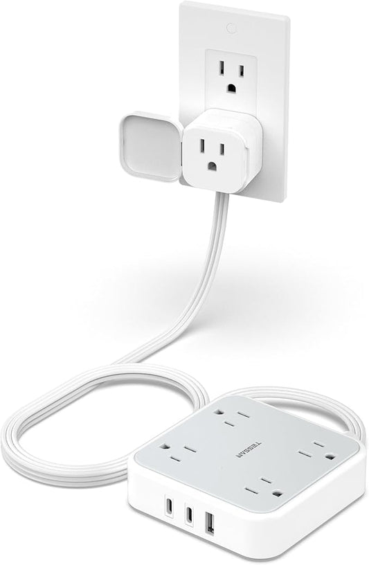 TESSAN Outlet Cover with Extra Outlet on Plug, Surge Protector Power Strip with 3 USB (2 USB C), 5 Ft Flat Extension Cord, 900 Joules Protection, Flat Plug Power Strip for Home Office Essentials