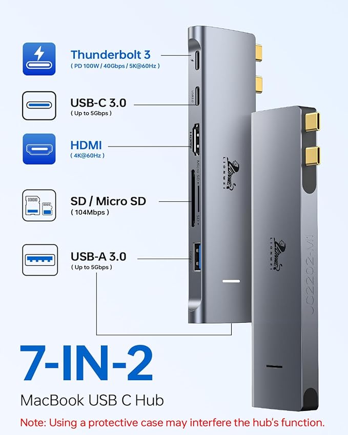 USB C Hub Adapter for MacBook Pro/Air M1 M2 M3 2023 2022 2021 13" 15" 16", 7-in-2 Multiport HDMI MacBook Accessories Dongle with Thunderbolt 3, 4K HDMI, USB C 3.0, 2 USB 3.0, SD & microSD Card Reader