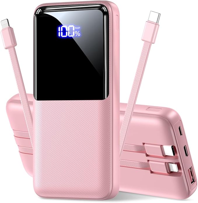 Portable Charger Power Bank - 20000mAh Fast Charging Portable Battery Pack with Built in USB-C(22.5W) and iOS(20W) Output Cables (1 Pack, Pink)
