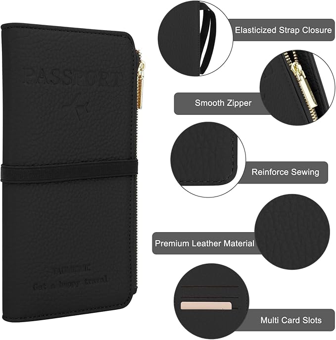 DOB SECHS Passport Holder for Travel Women Leather Passport Wallet RFID Blocking Passport Cover Case with Card Slots, Slim Travel Document Organizer Pouch Bag Zipper Cash Pocket Purse+ID Window, Black
