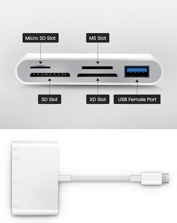 USB C SD Card Reader, USB-C to SD MicroSD XD Picture MS Memory Stick Cards, Type C 5 Slots Memory Card Adapter for iPhone 15 iPad Mac Laptop MacBook and Android Galaxy More USBC Devices