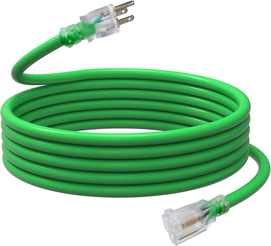 EP 15 Ft Outdoor Extension Cord, 12/3 SJTW Heavy Duty Waterproof Power Cable, 3 Prong Grounded Plug, Lighted End, for Lawn, Garden, Appliances, Green