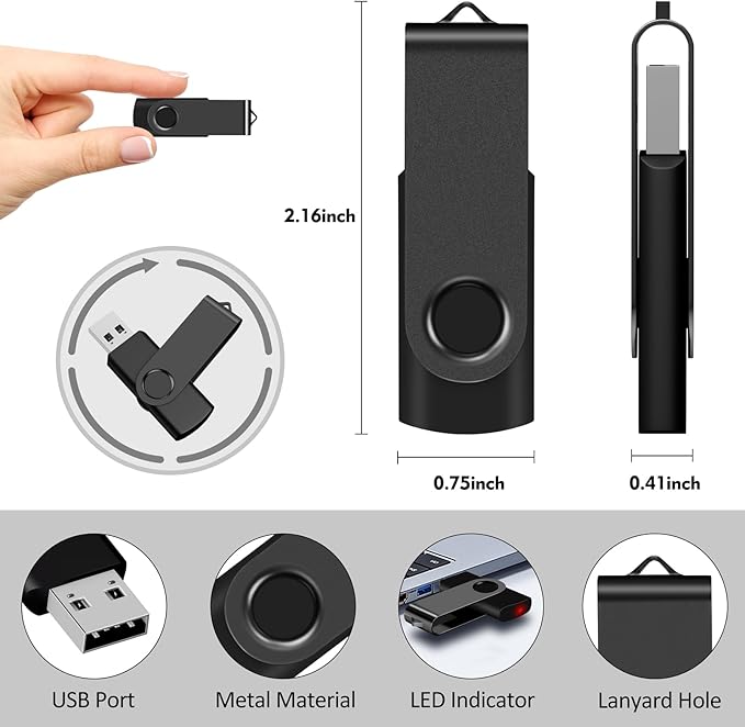 16GB USB Flash Drive, AreTop 10 Pack USB 2.0 Thumb Drives Memory Stick Swivel Jump Drive for Home & Office Use (10 Pack 16GB, Black)