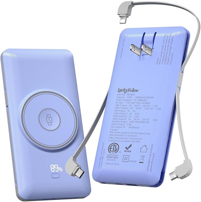 Magnetic 10000mAh Portable Charger for iWatch & iPhone, 22.5W USB C Fast Charging Wireless Power Bank Built-in Cables and Wall Plug, External Travel Battery Pack Compatible with iOS Android Devices