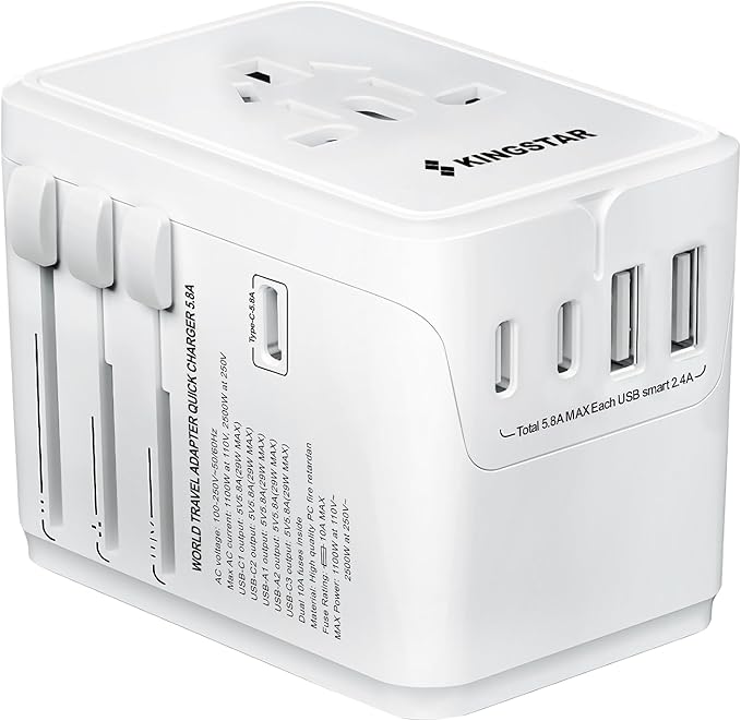Universal International Plug Travel Adapter, 6 in 1 Wall Charger with 3 Type-C 5.8A 29W PD Fast Charging & 2 USB-A 5.8A & Multi AC Outlet Adaptor for USA EU UK AUS 200+ Countries