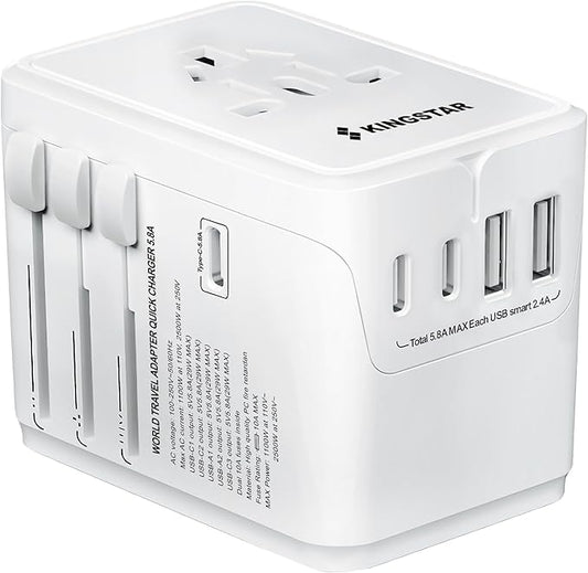 Universal International Plug Travel Adapter, 6 in 1 Wall Charger with 3 Type-C 5.8A 29W PD Fast Charging & 2 USB-A 5.8A & Multi AC Outlet Adaptor for USA EU UK AUS 200+ Countries