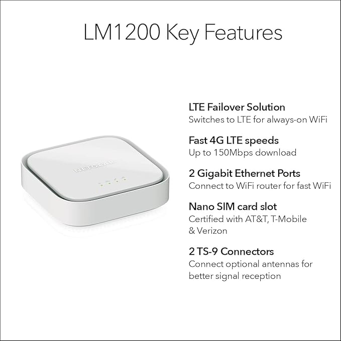 NETGEAR 4G LTE Broadband Modem (LM1200) – Use LTE as a Primary Internet Connection or Failover Solution for Always-On WiFi | Certified with AT&T, T-Mobile & Verizon
