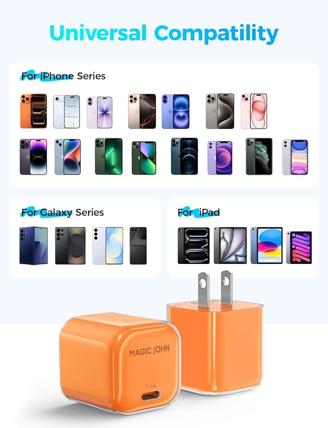 MAGIC JOHN 45W USB C Charger Block, Ultra-Fast Charging for iPhone 15/16/17 & More, Compatible with iPhone, iPad, Samsung, and Other USB C Devices Orange