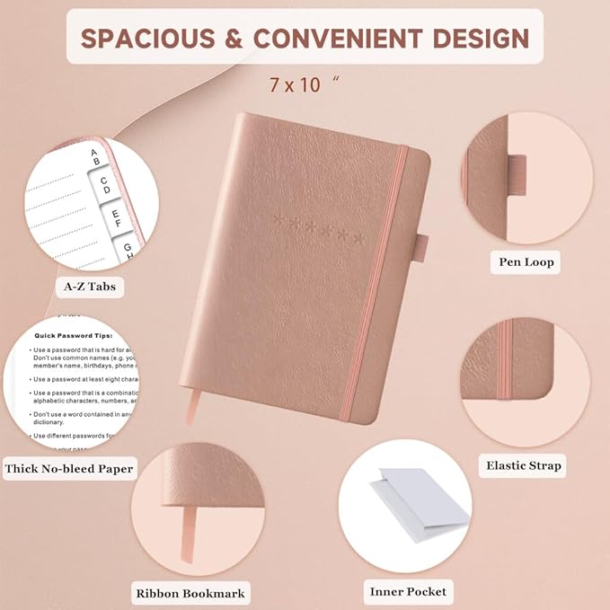Password Book with Alphabetical Tabs – Hardcover Internet Address & Password Organizer – Password Keeper Notebook for Computer & Website – 7 x 10" Log-in Password Journal w/Thick Paper (Rose Gold)