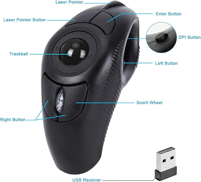 welspo Wireless USB Handheld Finger Trackball(Black) Mouse with Laser Pointer