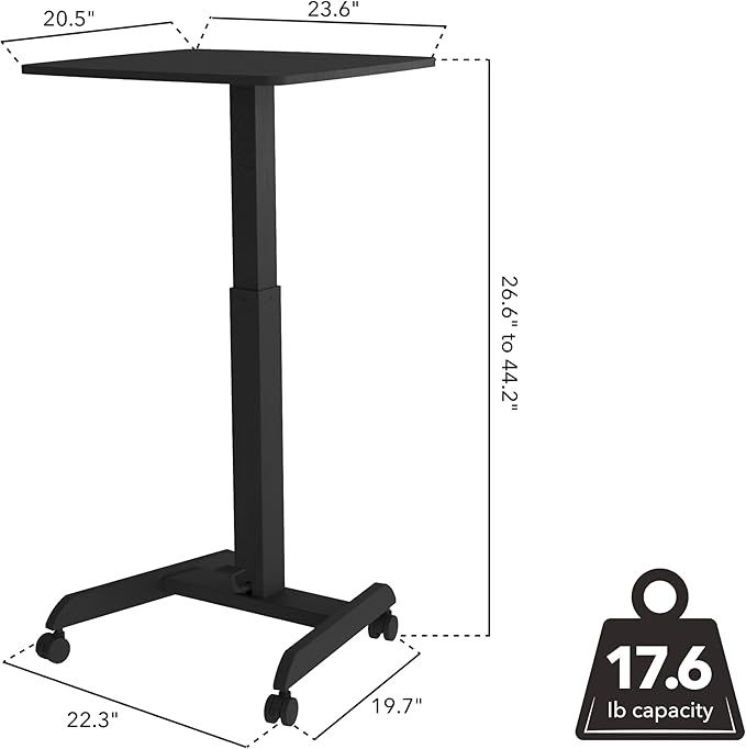 Mount-It! Rolling Laptop Desk Adjustable Height (29.6”-44.2”), Mobile Workstation Cart with 23.6” x 20.5” Desktop, Small Sit-Stand Desk for Home, Office, or Classroom in Black