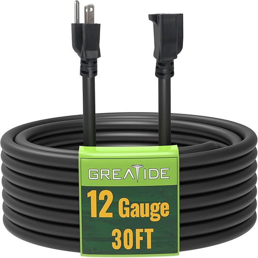 30 Ft Outdoor Extension Cord - 12/3 SJTW Heavy Duty Black Extension Cable with 3 Prong Grounded Plug - Power Cord for Lawn, Garden, Appliances