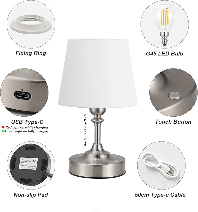 Kakanuo Mini Cordless Table Lamp Silver - 1 Pack 4000mAH Battery Operated Lamp for Decor, 3000K Stepless Dimming Touch Rechargeable Lamp for Bedroom, Dining Table, Counter, Living Room