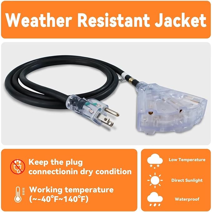 EP 10 Ft Lighted Outdoor Extension Cord with 3 Electrical Power Outlets - 12/3 SJTW Heavy Duty Black Extension Cable with 3 Prong Grounded Plug for Safety, UL Listed