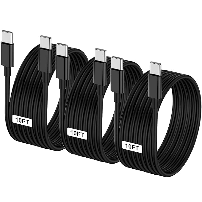3-Pack Black 10FT 60W USB C to USB C Cable, Type C Fast Charging Cable for iPhone Air 17 16e 16 15 Pro Plus Pro Max，for Galaxy S25/S24, for iPad Pro/Air/mini, for MacBook Pro/Air and More