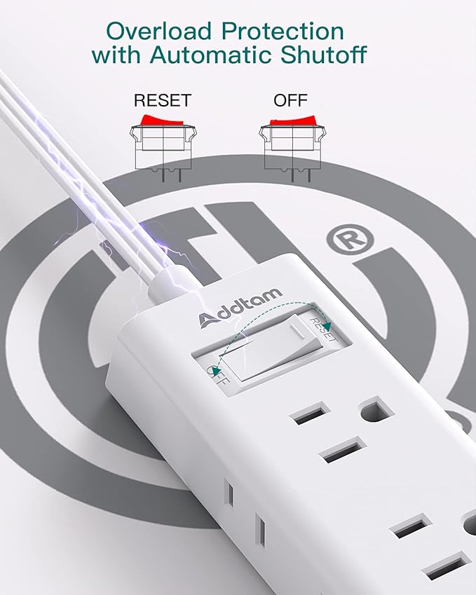 Flat Extension Cord 15 ft - Addtam Flat Plug Power Strip with 6 Outlets Extender, Long Extension Cord with Multiple Outlets, Wall Mount for Home Dorm Room Essentials, ETL Listed