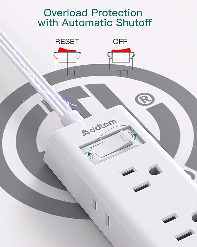 Flat Extension Cord 25 ft, Addtam Flat Plug Power Strip with 6 Outlets Extender, Long Extension Cord with Multiple Outlets, Wall Mount for Home Dorm Room Essentials, ETL Listed