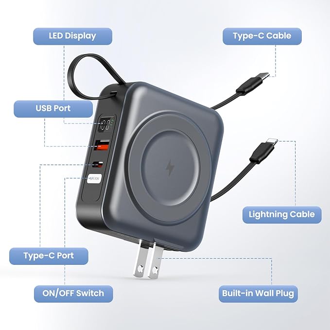 for Magsafe Portable Charger with AC Wall Plug, 6-in-1 Magnetic Wireless Power Bank 10000mAh Built-in Cables, 22.5W Type-C in&Out Fast Charging Battery Pack for iPhone 16/15/14/13/12 Series, Gray