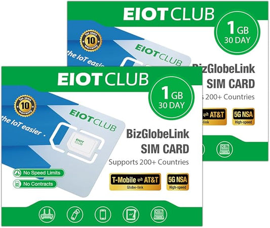 EIOTCLUB 2 Pack International Data SIM Card, Travel SIM Card for 200+ Countries, 1GB/30Day Prepaid Data SIM, 5G LTE Cellular for Phone Tablet Router WiFi Hotspots, No Roaming Charges
