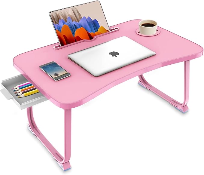 Fayquaze Portable Foldable Laptop Bed Table with Storage Drawer and Cup Holder, Laptop Desk Stand Tray for Eating, Reading and Working
