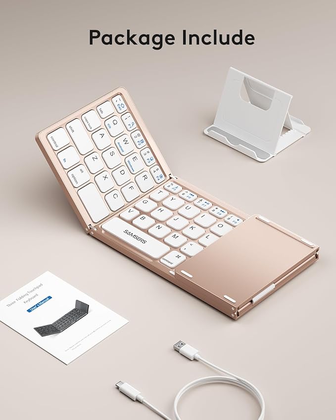 Samsers Foldable Bluetooth Keyboard with Touchpad - Portable Wireless Keyboard with Holder, Rechargeable Full Size Ultra Slim Pocket Folding Keyboards for Android Windows iOS Tablet & Laptop - Pink