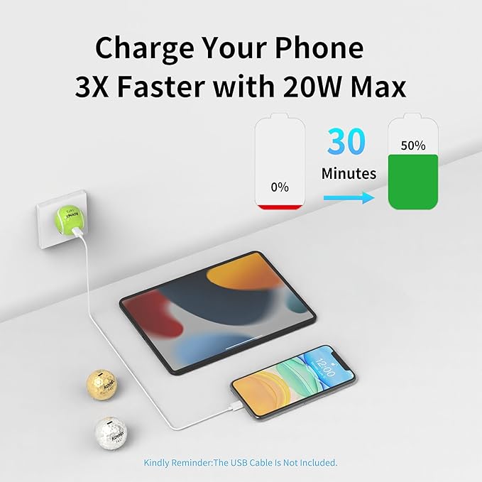 USB C Charger Block 20W，Creative Golf Ball Type C Wall Charger，GaN III Power Adapter with UL Certified，Fast Charging for iPhone 16/15 Series, Galaxy, Google Pixel,iPad,AirPods
