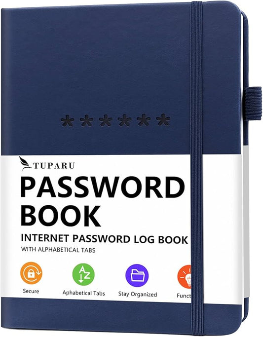Password Book with Alphabetical Tabs – Hardcover Internet Address & Password Organizer – Password Keeper Notebook for Computer & Website – 7 x 10" Log-in Password Journal w/Thick Paper (Navy Blue)