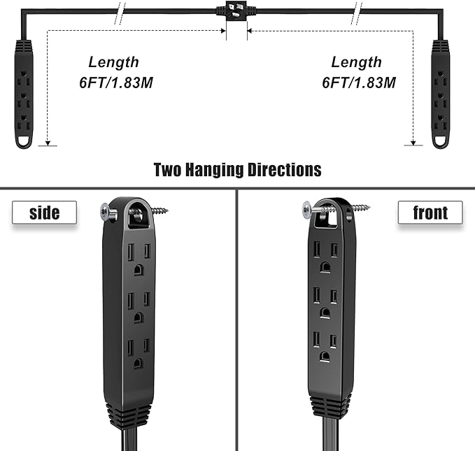 3-Prong 16FT Twin Extension Cord with 6 Outlets - Slim Design for Home Furniture, 16FT Double Cord 8 FT Each Side in Black Color