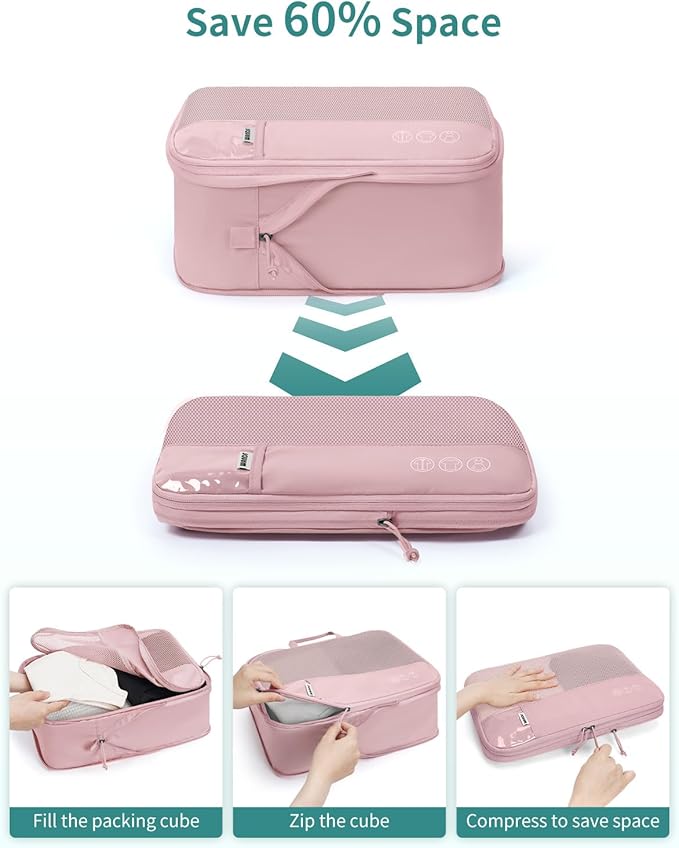 WANDF 7 Set Compression Packing Cubes for Travel, Shirt Folder for Wrinkle-Free, Suitcase Organizer Bags Set for Carry-On Checked Luggage Duffle Bag Women Men(Pink)