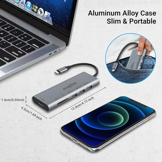 MagBac USB C Docking Station 6-in-1 USB Hub Multiple Adapter with 4K HDMI Display Port, 3 USB A Data Ports, SD/TF Card Slot for HP, Dell, MacBook Pro, Lenovo