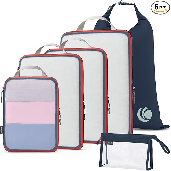 Cipway Compression Packing Cubes, See Through Mesh Luggage Organizer Bags, Travel Essentials for Carry on Suitcase with Laundry Bag and Clear Toiletries Bag（6 Pcs,Blue）