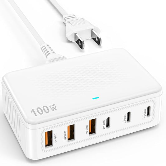 USB C Fast Charger Block,100W GaN 6 Port PD USB C QC USB A Wall Charger Type C Charging Station Hub Plug Cube Brick for iPhone 17 Pro Max/17 Air/16 Plus/15/14 Pro/13 Mini/iPad Pro 5ft Extension Cord