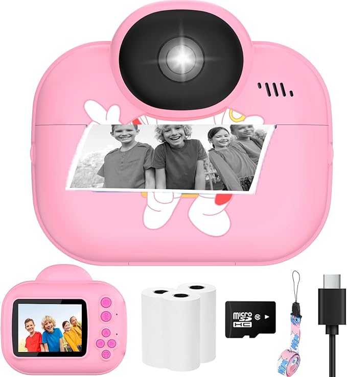 Kids Camera Instant Print Camera for Kids, Toddler Cameras Christmas Birthday Gifts for Girls Boys, 1080P HD Digital Video Cameras, Instant Camera Toy for 4 5 6 7 8 9 10 Year Girl with SD Card (Pink)