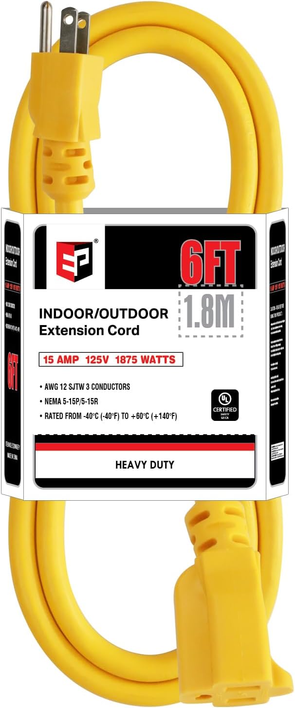 EP 6 Ft Outdoor Extension Cord, 12/3 SJTW Heavy Duty Extension Cable with 3 Prong Grounded Plug, 15 AMP Power Cord for Lawn, Garden, Appliances, Yellow