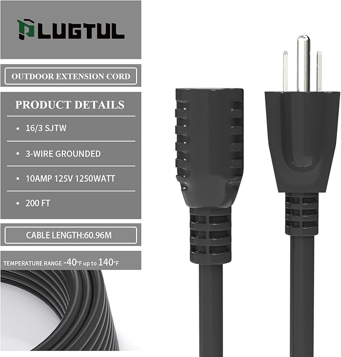 200 FT Outdoor Extension Cord Waterproof 16/3 Black Heavy Duty 3 Prong Extension Cord, 10A 1250W SJTW, ETL Listed, Great for Garden and Home