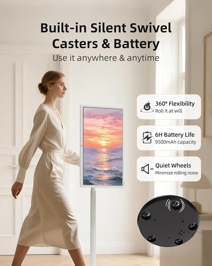 KTC MegPad 27 Inch Portable Screen TV - 1080P Touch Screen Monitor on Wheels with 8MP Camera, Compatible with Google TV, Android 14, QC 8G RAM+128G Storage, 9500mAh Battery, Remote Control