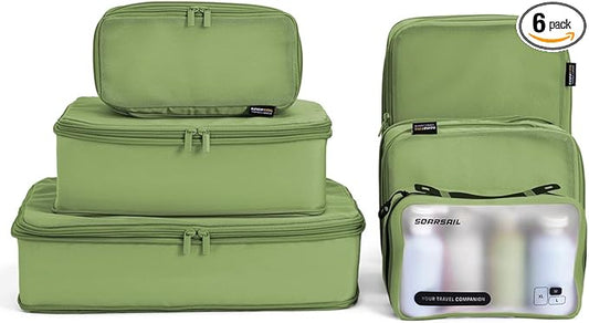 6 Set Compression Packing Cubes for Travel, Large Medium Small Luggage Organizers (Forest Green)
