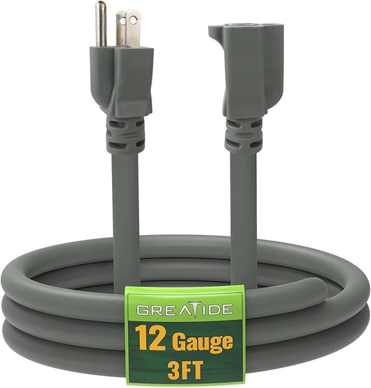 3 Ft Extension Cord - 12/3 SJTW Heavy Duty Grey Extension Cable with 3 Prong Grounded Plug - Power Cord for Lawn, Garden, Appliances