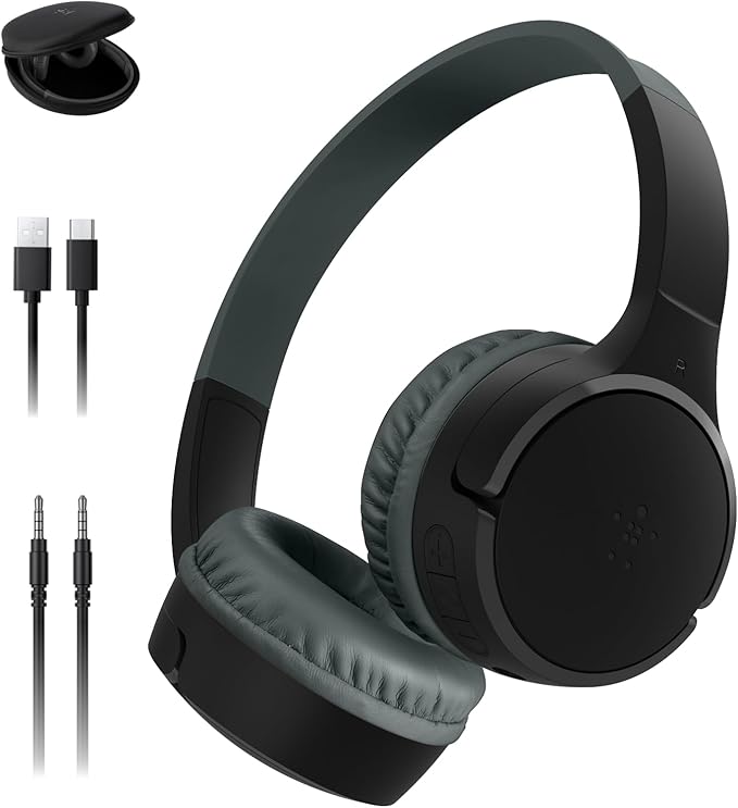 Belkin SoundForm Mini Kids Wireless Headphones w/Built-in Microphone, 30H of Playback Time, Fun Stickers, & Case - Over-Ear Headsets for Online Learning, School, iPhone, iPad, Galaxy, & More - Black