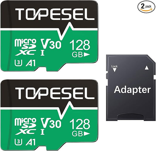 TOPESEL 128GB Micro SD Card 2 Pack with Adapter, High Speed TF Card, Memory Card microSDXC for Camera, Smartphone, Tablet, Dash Cam, Drone, UHS-I, U3, A1, 4K UHD, V30