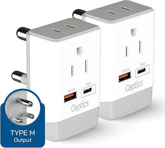 Ceptics South Africa Travel 2 Pack Plug Adapter QC 3.0 & PD, Safe Dual USB & USB-C - 2 USA Socket Compact & Powerful - Use in S. Africa Botswana - Type M AP-10L - Fast Charging